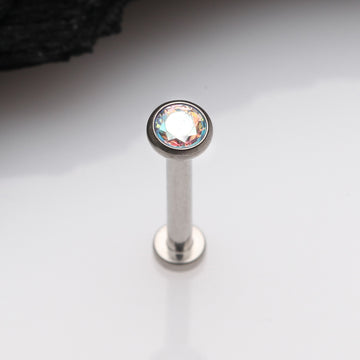 Detail View 1 of Implant Grade Titanium OneFit Threadless Gem Bezel Set Top Flat Back Stud Labret-Aurora Borealis